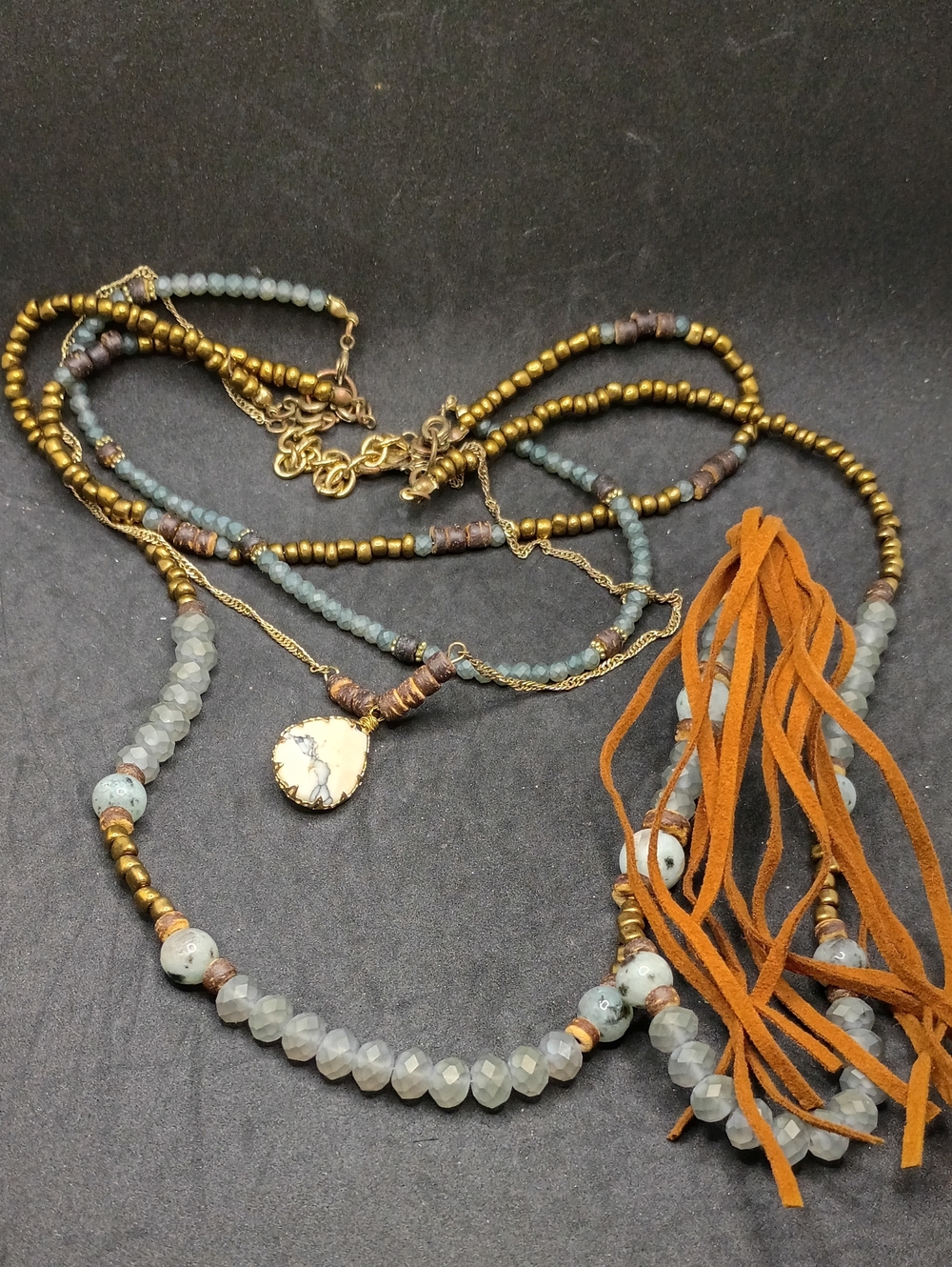 Boho Multi-Strand Turquoise & Gold Beaded Necklace with Leather Tassel